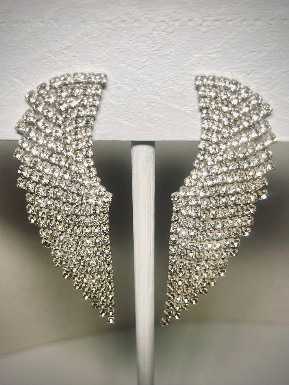 Vintage | Crystal Rhinestone Angel Wing Taper Fan Drop Statement Silver Earrings